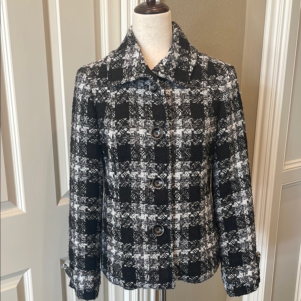 Chico's Plaid Textured/Tailored Blazer/Jacket Black/White 8 NWOT
